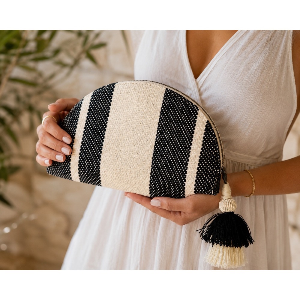 Boho Luxe Striped Black White Woven Half Moon Tassel Clutch Coastal Beach Resort